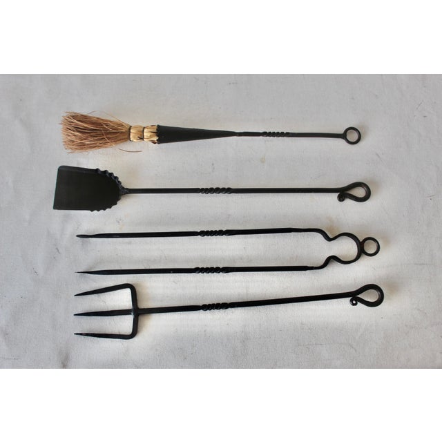 Zeckos Style Wrought Iron Five Piece Fireplace Tool Set Barley Twist Detail Vintage Mid-Century For Sale - Image 14 of 15