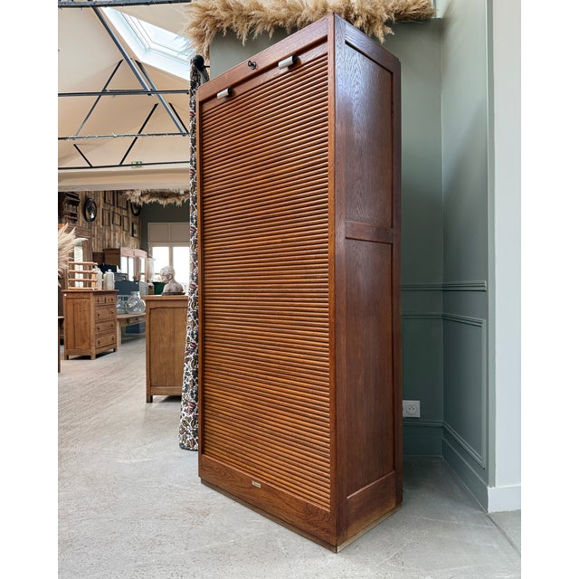 Wood Large Oak Roll-Top Filing Cabinet by Lacour, 1950s For Sale - Image 7 of 14
