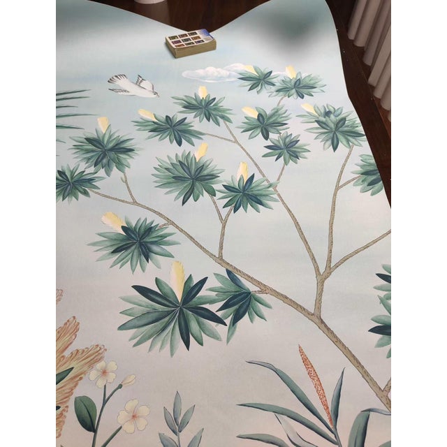 Coastal Hand-Painted Chinoiserie Landscape Wallpaper on Gradient Xuan Paper – Coastal Botanical & Tropical Garden, Set of 3 For Sale - Image 3 of 4