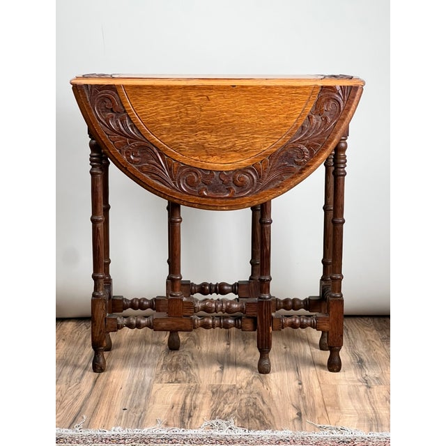 Antique English Oak Carved Gateleg Occasional Table C. Late 19th Century For Sale In Boston - Image 6 of 10