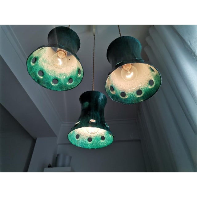 Mid-Century Green Cast Iron 3 Light Cascading Chandelier Hanging Lamp, 1960s For Sale - Image 4 of 11