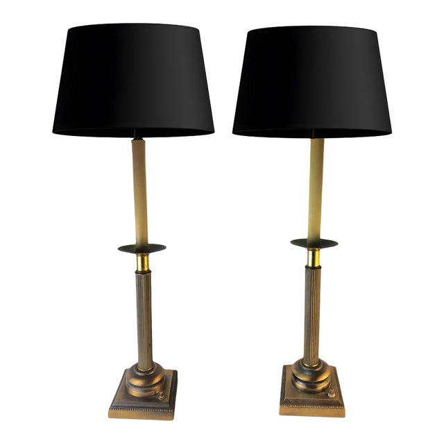 Robert Abbey Attributed Brass Candlestick Regency Lamps - A Pair For Sale