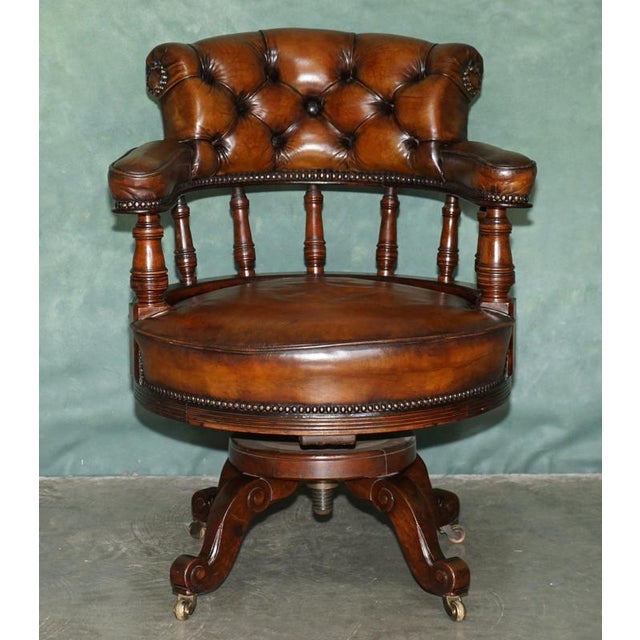 Antique Style Captains Desk Chair Brown Leather Revolving Office Armchair. A superb and wonderfully substantial antique...