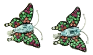 Butterfly 18k Gold Earrings With 4.00ct Blue Topaz Tsvorite & Sapphires, 2 Pieces