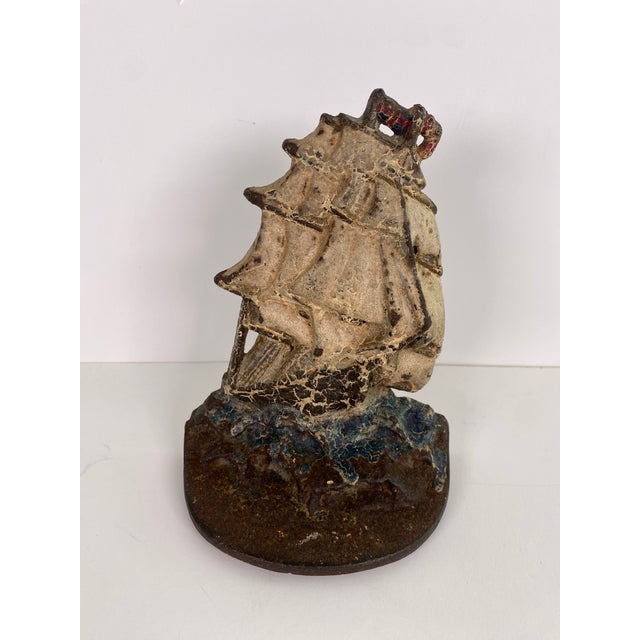 Metal Pair of Antique Nautical Cast Iron Sailboat Bookends With Polychrome Painted Finish For Sale - Image 7 of 7