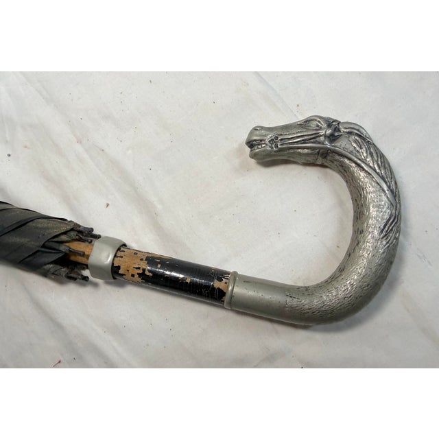 Black Antique Figural Horse Wood Silver Tone Metal Black Umbrella Parasol For Sale - Image 8 of 11