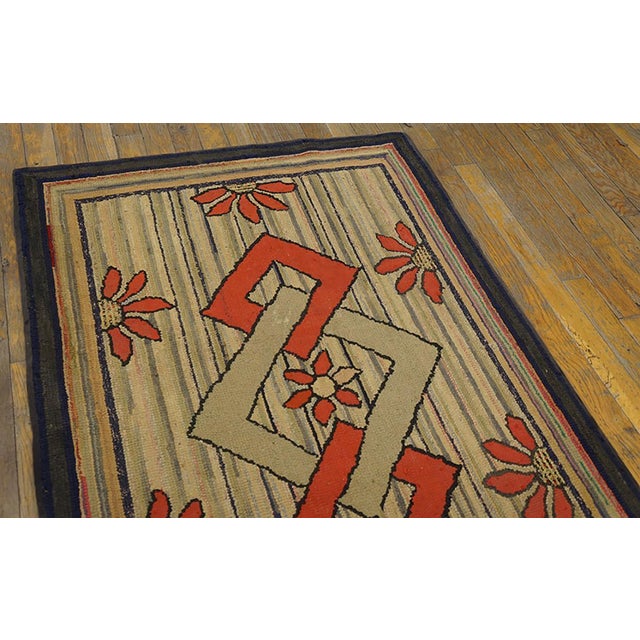 American 1900s Tan Camel Diamond Squares Folk Art Antique American Hooked Rug 2'8" X 4'0" Wool Carpet For Sale - Image 3 of 5