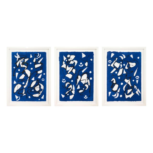 Paper Barbara Coburn - Untitled (Blue Abstract Triptych) Mixed-Media on Paper Framed For Sale - Image 7 of 9