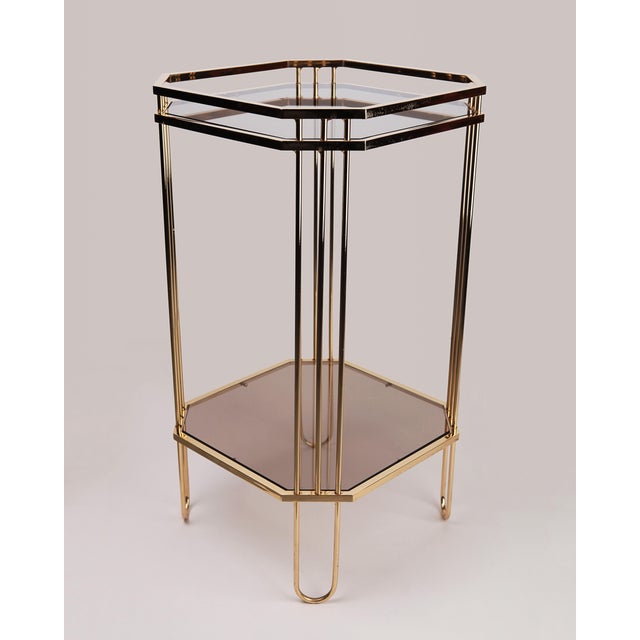 Stylish Octagonal Golden Side Table with Tinted Glass, 1970s, in Very Good conditions. Designed 1970 to 1979