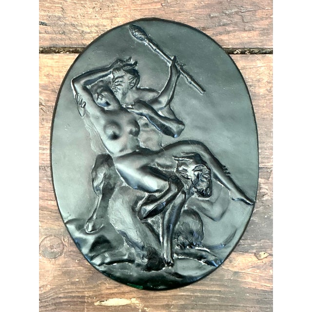 Vintage Green Glass Relief "Nymph With Two Satyrs" For Sale - Image 9 of 12
