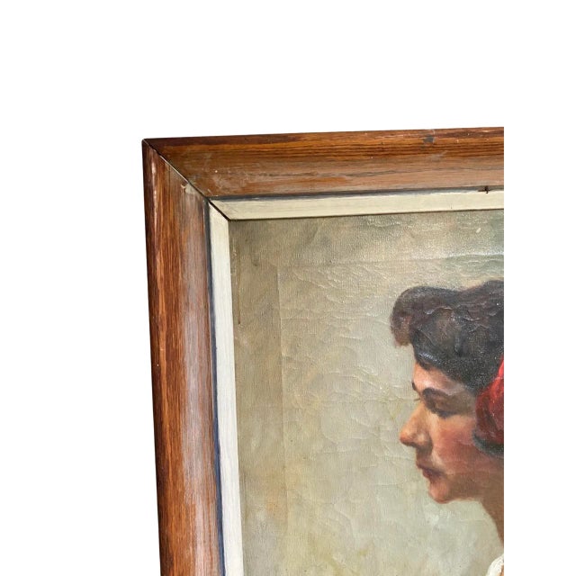 Portraiture Antique Oil on Canvas Portrait Painting of Beautiful Woman With Hibiscus Flower in Her Hair, Signed Vera Martin Circa 1920’s For Sale - Image 3 of 12