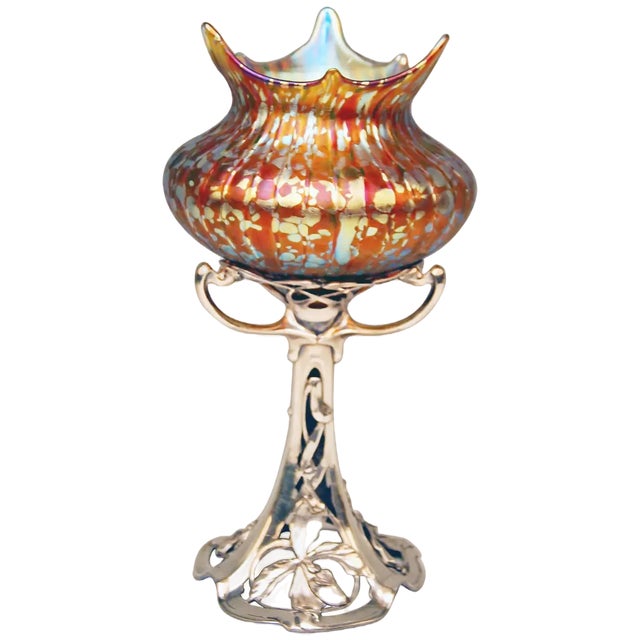Silver Plated Amber Papillon Iridescent Vase with Pewter Mounting from Loetz, 1890s For Sale
