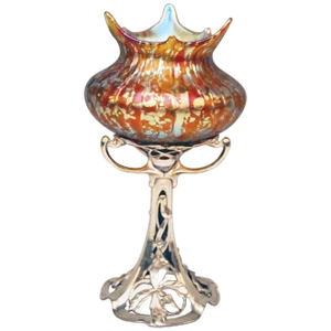 Silver Plated Amber Papillon Iridescent Vase with Pewter Mounting from Loetz, 1890s