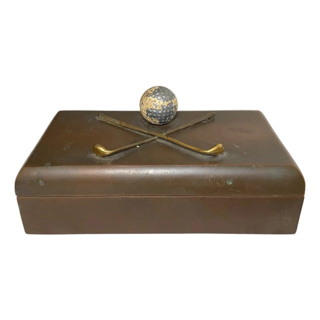 Antique 4 LBS Heavy Solid Bronze Jb Golf Cherry Wooden Lined Jewelry Trinket Box For Sale
