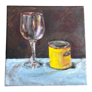Contemporary Original Still Life Yellow Can and Wine Glass Painting on Canvas For Sale