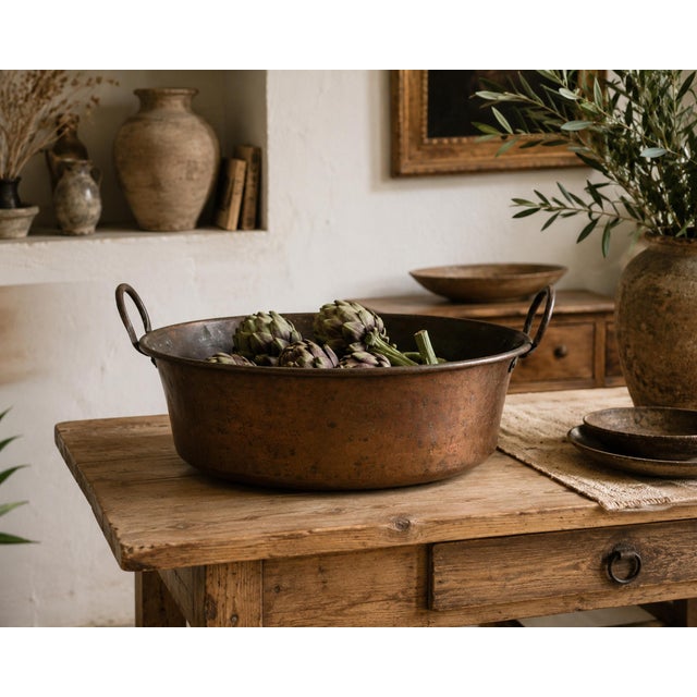 Metal Large Antique Italian Hand-Hammered Copper Basin with Forged Iron Handles, 19th Century For Sale - Image 7 of 8