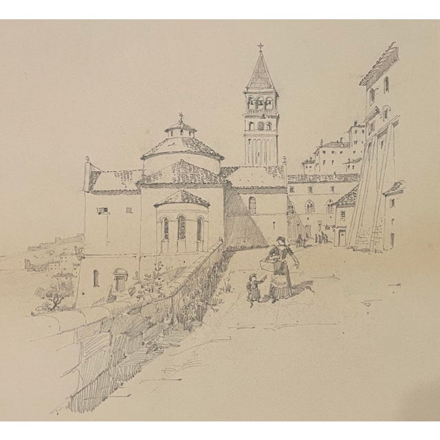1893 drawing of a European church and bell tower (campanile). Probably Italian, it's inscribed "To E.S.W. and J. de P. W....