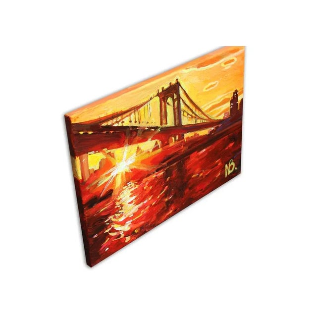 Small acrylic painting of sunset behind Brooklyn bridge- iconic NYC view. Picture continues onto the sides. Size 16X12....