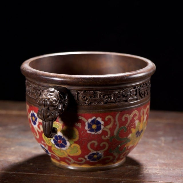 Traditional Vintage Cloisonné Enamel Censer With Beast Handles and Lotus Motif For Sale - Image 3 of 9