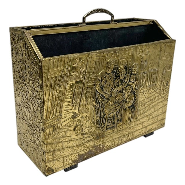 Ornate Embossed Brass Magazine Holder, 1950s For Sale