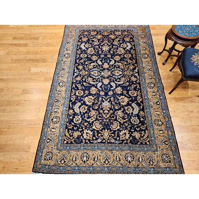1900 - 1909 Antique Persian Tabriz Rug, Hand-Knotted Wool & Silk, Allover Floral Pattern, Navy & Tan, 6x10 For Sale - Image 5 of 13