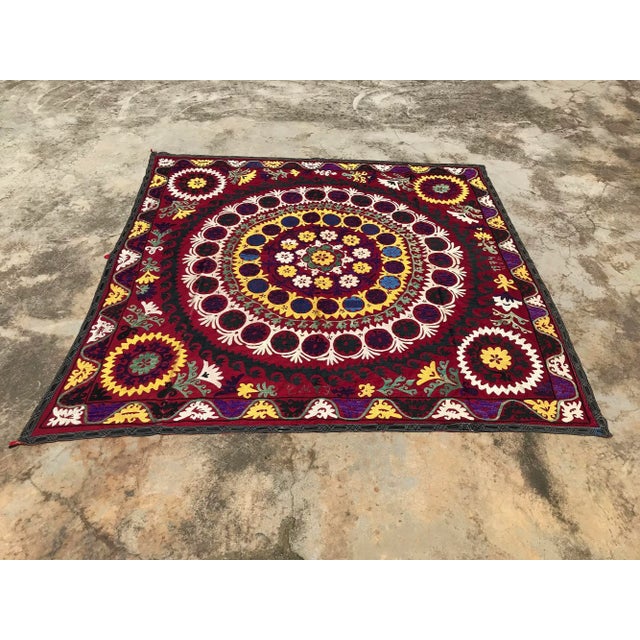 Dark Red SUZANI FABRIC - Handmade and Vintage Bedspread - Table Cloth - Suitable For Wall Hanging * Size 6.1 FEET x 6.0...