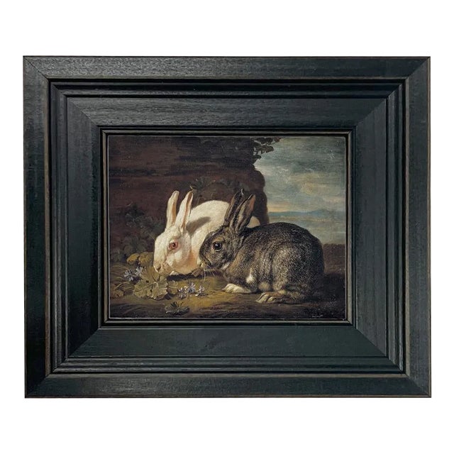 5x6" Framed Print on Canvas of Two Rabbits in Distressed Black Wood Frame For Sale