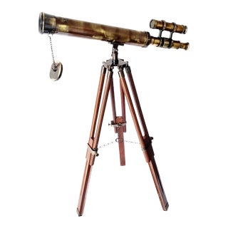Antique Royal Navy Double Barrel Brass Telescope With Wooden Tripod For Sale