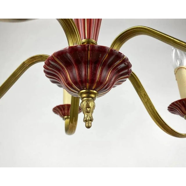 1990s Gilded Brass and Burgundy Ceramics Chandelier For Sale - Image 5 of 7