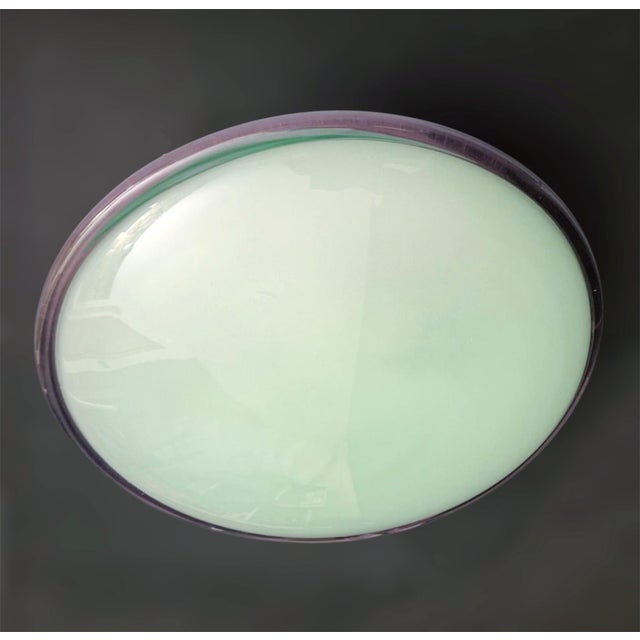 Vintage Italian flush mount or wall light with a frosted light gray green Murano glass shade enclosed in purple border /...