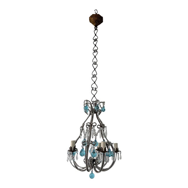 French French Aqua Blue Murano Balls Beaded Swags W Spear Chandelier, Circa 1900 For Sale