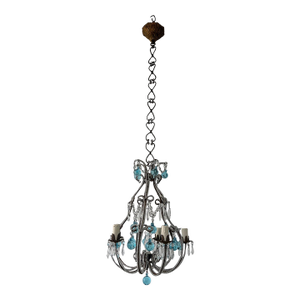 French French Aqua Blue Murano Balls Beaded Swags W Spear Chandelier, Circa 1900