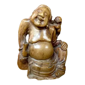 Antique Carved Chinese Soapstone Figure of Man With Foo Dog