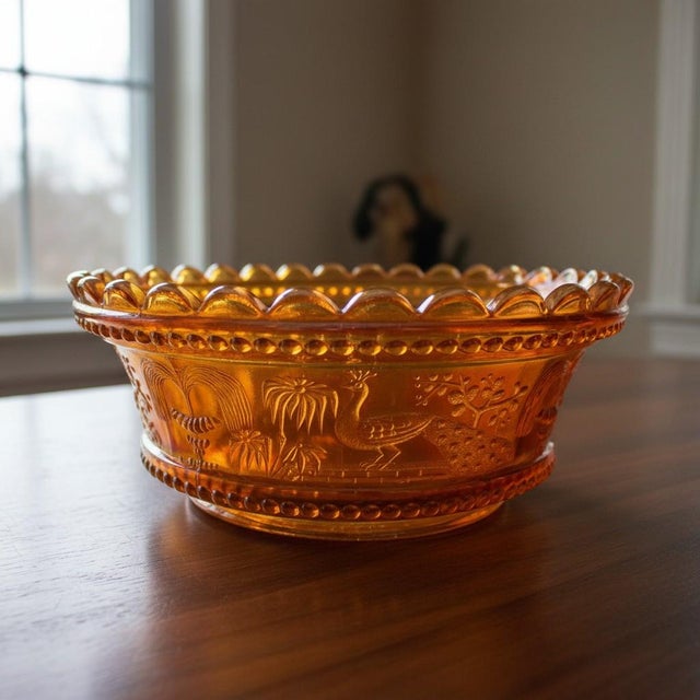 Glass Antique Northwood Peacock at the Fountain Marigold Carnival Art Glass Berry Bowl For Sale - Image 7 of 11