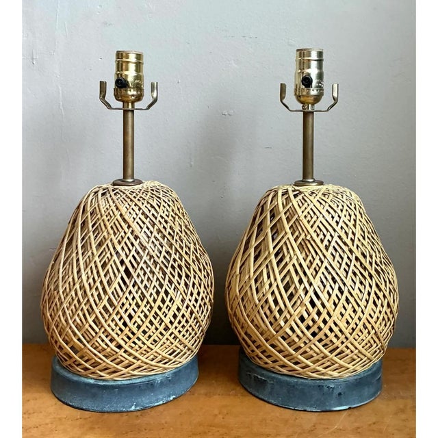 Vintage Rattan and Verdigris Metal Table Lamps - Pair For Sale In West Palm - Image 6 of 12