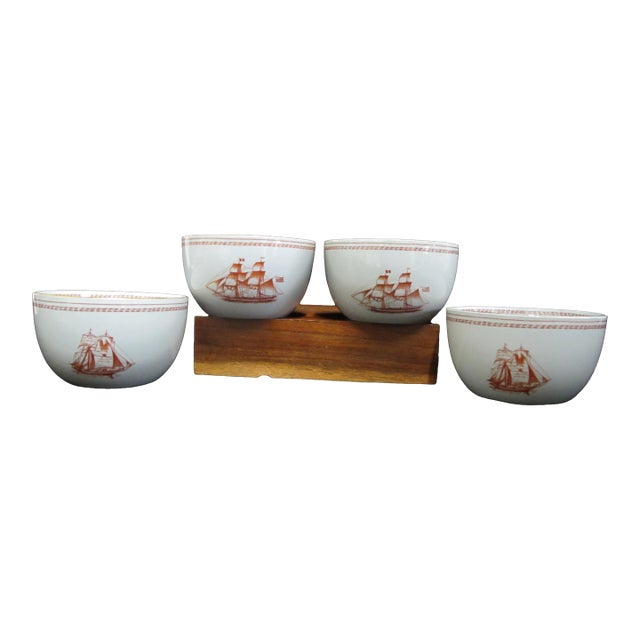 Spode Copeland Trade Winds rice or sugar bowl set of 4. Red design with gold trim showing Ship Brig Olive of Newburg Built...