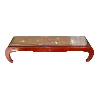 1950s Vintage Majestic Co. Art Carved Hong Kong Glass Top Abalone & Copper Inlaid Opium/Coffee Table For Sale