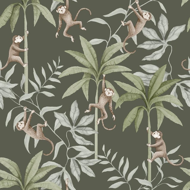 SAMPLE - Boråstapeter Jungle Friends Wallpaper In Pewter Green For Sale