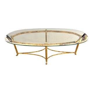 French Maison Jansen Style Brass and Oval Glass Coffee Table For Sale