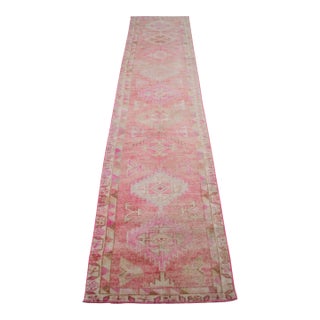 Vintage Turkish Hand-Knotted Runner Rug Pink Hallway Kitchen Decor - 2′6″ × 11′5″ For Sale