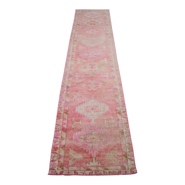 Vintage Turkish Hand-Knotted Runner Rug Pink Hallway Kitchen Decor - 2′6″ × 11′5″ For Sale