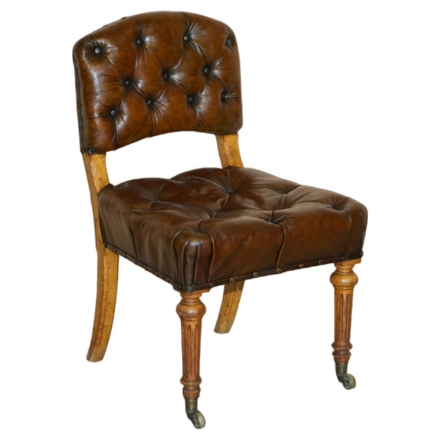Antique Regency Brown Leather & Oak Chesterfield Desk Chair, 1820s For Sale