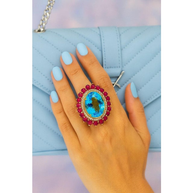 Gemstone Bochic “Capri” Vintage Ruby, Blue Topaz & Diamond Ring Set In 18K Gold & Silver For Sale - Image 7 of 7