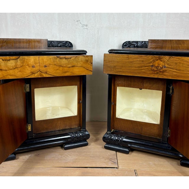 1950s Pair of Art Deco Nightstands with Columns, Ebonized Wood and Figured Veneer For Sale - Image 10 of 10
