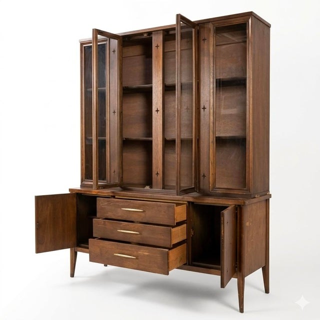 Broyhill Saga Vintage Mid Century Modern Two Piece Buffet and Hutch China Cabinet C. 1960s, Attributed For Sale In New York - Image 6 of 11
