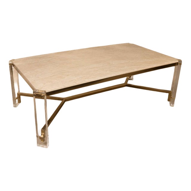 Dining Table in Travertine, Gold-Tone Metal and Acrylic Glass, 1970s For Sale