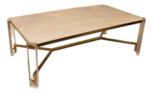 Dining Table in Travertine, Gold-Tone Metal and Acrylic Glass, 1970s