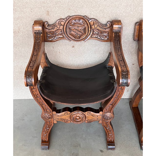 Wood 19th Pair of Carved Walnut Leather Savonarola Bench or Settee For Sale - Image 7 of 13