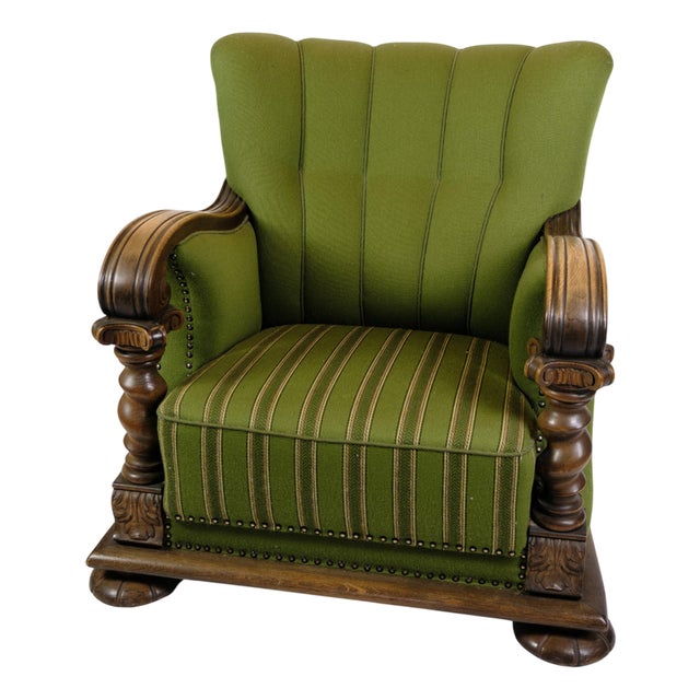 Armchair in Green Fabric with Wood Carvings, 1920s For Sale