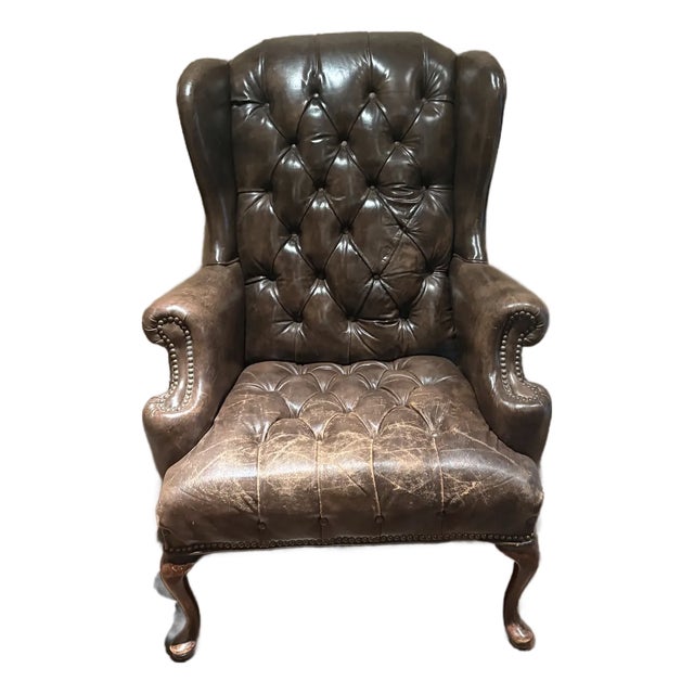 17th Century Wingback Armchair With Tufted Back in Brown Leather For Sale